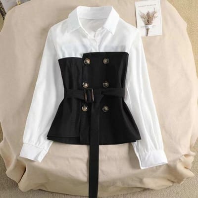 Nieuwe Koreaanse Stijl Dameskleding Koreaanse Stijl Afslankend Fake Tweedelig Shirt met Lange Mouwen Koreaanse Stijl Losse Taille Top XL white