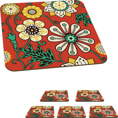 Onderzetters voor glazen - Design - Bloemen - Hippie - Retro - 10x10 cm - Glasonderzetters - 6 stuks