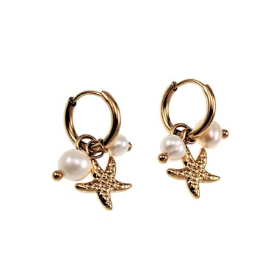 ∅11mm Oorbellen Dames - Gold Plated RVS - Oorringen met Zoetwaterparel en Sterhangers - Dangle Oorbellen Dolttilove