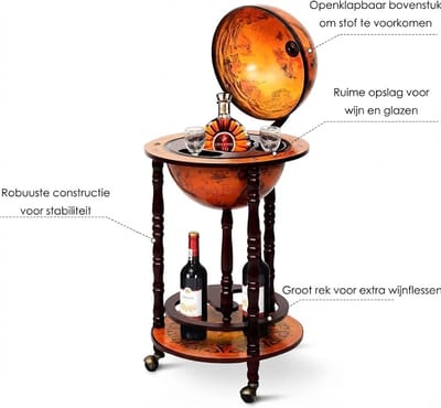 Wereldbol Bar op Wielen – Houten Barwagen – Huisbar met Wijnrek & Glazenhouder – 45 × 45 × 88 cm – Bruin