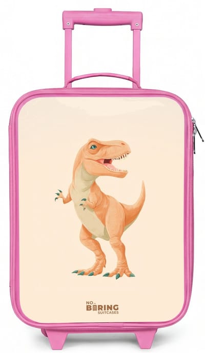 NoBoringSuitcases.com® - Kinderkoffer roze - Kindertrolley meisje - T-rex dino in oranje kleuren - Koffer kind lichtgewicht - Reiskoffer trolley voor kinderen - Koffertje met lichtgevende wieltjes - Rolkoffer