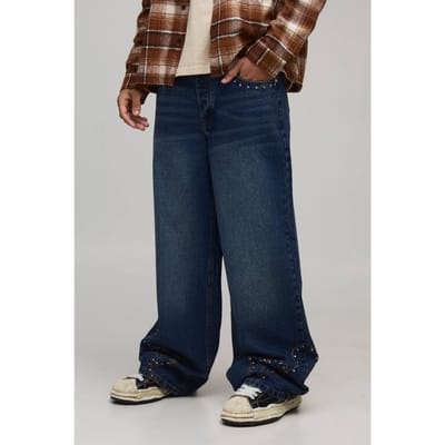 Baggy Fit Studded Western Geborduurd Zoom Jeans | Dark Blue | Size 30R
