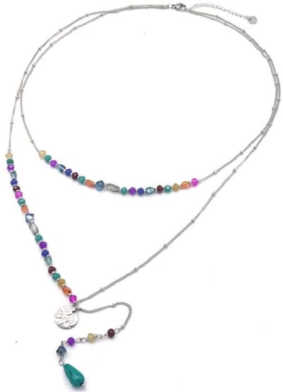 Ketting met Steentjes - RVS - Lengte 39-44 cm - Zilverkleurig en Multi