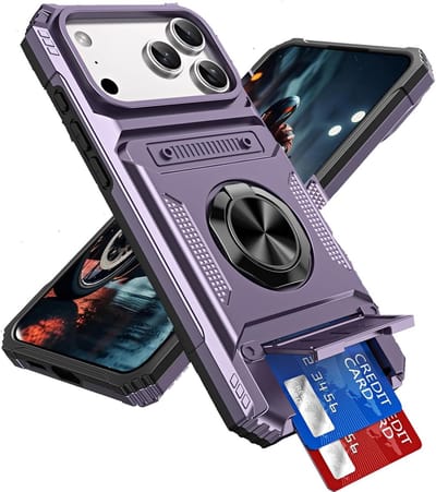 Case voor iPhone 17 Pro Max met Kaartsleuf [Max 2 Kaarten] Ring Kickstand Schokbestendig Robuuste Beschermhoes met Hard PC Shell en Wallet Functie