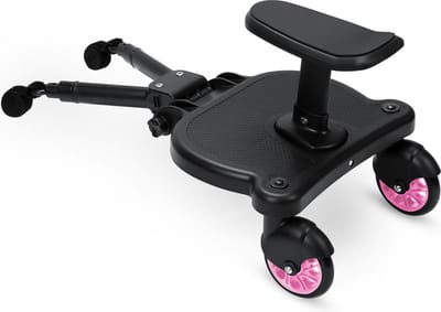 Meerijdplankje Universeel - Meerijdplankje met zitje voor aan de kinderwagen of buggy - Dubbele stevige wielen - Extra stabiel - Verstelbaar - Roze