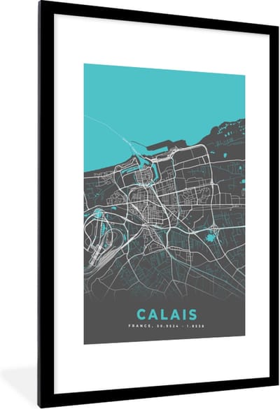Fotolijst incl. Poster - Calais - Frankrijk - Plattegrond - Kaart - Stadskaart - 60x90 cm - Posterlijst
