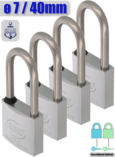 AMIG Hangslot RVS 316 Ø7/40mm Hoge Beugel Met Sleutel Buiten - Marine - 4 Stuks