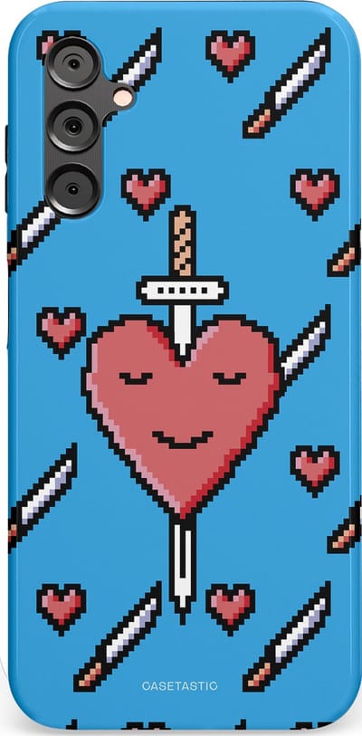 Casetastic hoesje geschikt voor Samsung Galaxy A14 (2023) 5G / Samsung Galaxy A14 (2023) 4G - Dubbellaagse bescherming - Zwaard saga - Fashion Case - Lichtblauw Zwart Koraal