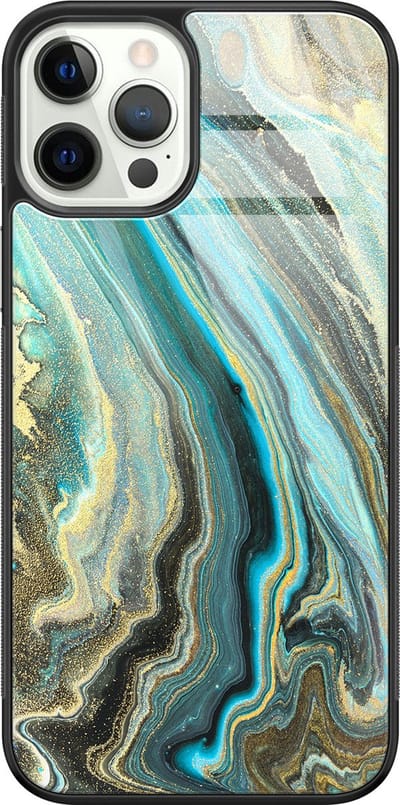 Hoesje geschikt voor iPhone 12 Pro - Marmer mint - Luxe Glazen Hardcase - Marmer - Blauw - Leuke Telefoonhoesjes