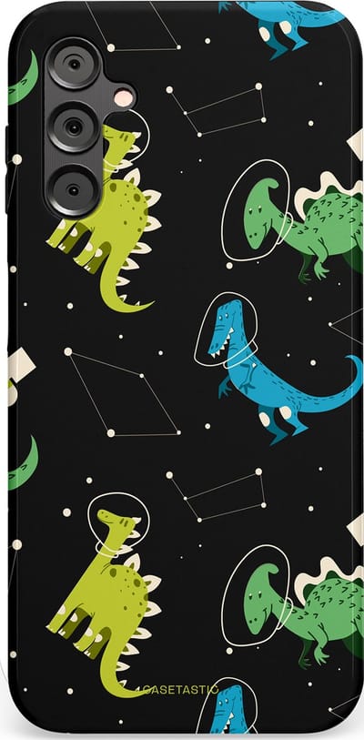 Casetastic hoesje geschikt voor Samsung Galaxy A14 (2023) 5G / Samsung Galaxy A14 (2023) 4G - Dubbellaagse bescherming - Dino in de sterren - Fashion Case - Zwart Groen