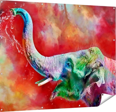 Gards Tuinposter Getekende Vrolijke Olifant - Abstract - 150x120 cm - Tuindoek - Tuindecoratie - Wanddecoratie buiten - Tuinschilderij