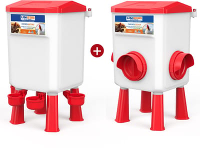 UniEgg® Feeder 12kg + Drinker 11 Liter (Rood) - automatisch en innovatief , inclusief ophangset en poten - drinkbak kip en ander pluimvee of gevogelte