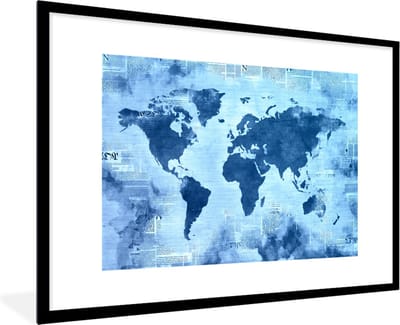 Poster in lijst - Fotolijst 120x80 cm - Posters - Wereldkaart - Blauw - Krant - Posterlijst zwart - Decoratie - Wanddecoratie woonkamer - Muurdecoratie slaapkamer