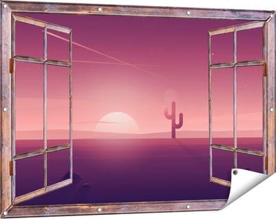 Gards Tuinposter Doorkijk Zonsondergang in de Woestijn met een Cactus - 120x80 cm - Tuindoek - Tuindecoratie - Wanddecoratie buiten - Tuinschilderij