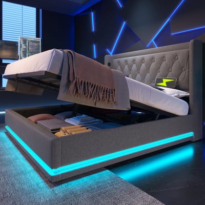 Gestoffeerd bed tweepersoonsbed 140x200 cm met USB Type-C opladen met LED-verlichting - zonder matras - grijs - linnen