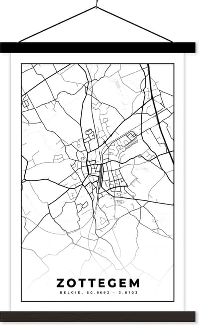 Posterhanger incl. Poster 40x60 cm - Schoolplaat - Zwart Wit – België – Plattegrond – Stadskaart – Kaart – Zottegem - Textielposter - Zwarte latten - Stadskaart