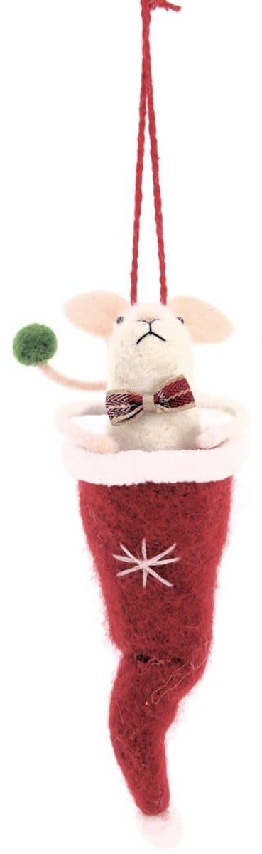 Muis in kerstmuts hangend vilt 6x9x17cm