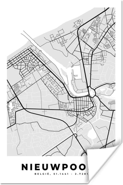 Poster België – Nieuwpoort – Stadskaart – Kaart – Zwart Wit – Plattegrond - 120x180 cm XXL
