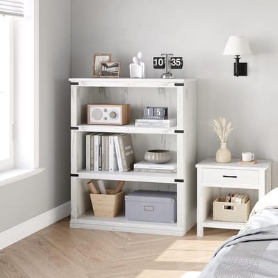 Lage Landelijke Boekenkast met 3 Planken - Houten Open Vakkenkast - Opbergkast voor Woonkamer, Kantoor & Slaapkamer - Wit