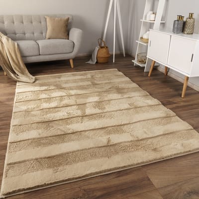 Flycarpets Zacht fluffy vloerkleed - Arinzo Strepen Beige - 60x100 cm - Hoogpolig Tapijt Gang / Slaapkamer / Kinderkamer