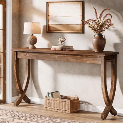 Tribesigns Massief Hout Consoletafe - Lange Sidetable met 2 Planken - Bruin - 160 x 30 x 80 cm - Console Tafel voor Hal, Woonkamer, Entree