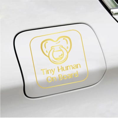 Bumpersticker - Tiny Human On Board - 14 X 14 - Goud
