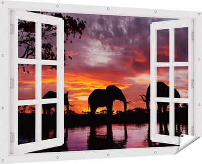 Gards Tuinposter Doorkijk Olifanten tijdens Zonsondergang - Silhouet - 180x120 cm - Tuindoek - Tuindecoratie - Wanddecoratie buiten - Tuinschilderij