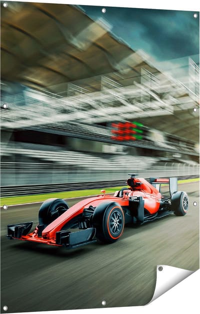 Gards Tuinposter Formule 1 Auto bij de Finish in het Rood - 90x120 cm - Tuindoek - Tuindecoratie - Wanddecoratie buiten - Tuinschilderij