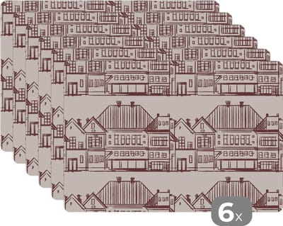 Placemat - Placemats kunststof - Huizen - Patronen - Abstract - 45x30 cm - 6 stuks - Hittebestendig - Anti-Slip - Onderlegger - Afneembaar