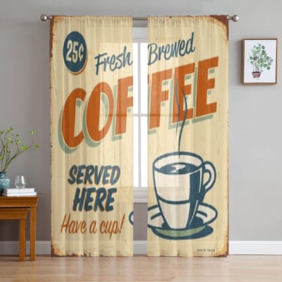 Vintage Metalen Bord Vers Gezet Koffie Doorzichtige Gordijnen voor Woonkamer Tule Raambekleding Slaapkamer Keuken Vitrage 135W x 114H(cm) brown