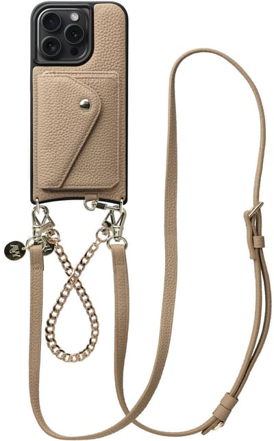 AVY Leren Hoesje geschikt voor Apple iPhone 15 Pro Max | Met Koord en Magnetische Kaarthouder | Compatibel met MagSafe | Leather Case met 30CM & 130CM Koord & Wallet | Leather and Gold | Beige