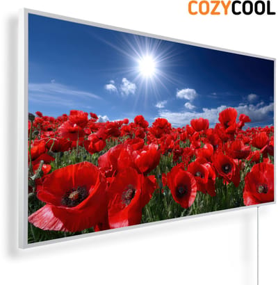 Infraroodpaneel met afbeelding | Rode klaprozen zon en blauwe lucht | 1200 Watt | Witte lijst | Infrarood verwarmingspaneel | Infrarood paneel | Infrarood verwarming