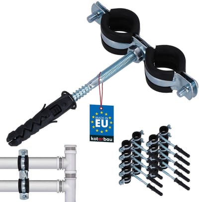 KOTARBAU® 10 Stuks Pijpbeugelset, Trillingsdempende Buisklem, 1/2", Dubbel, Gegalvaniseerd Staal, Pijpbeugel met Rubberen, Installatiebeugel, met Plug, Buisbeugel, Zwart Zilwer