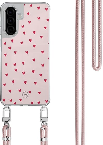 Telefoonhoesje met koord geschikt voor Samsung A26 - Cute hearts - Inclusief Rosegoud koord - Transparant, Roze - Print - Crossbody beschermhoes - Met Telefoonketting