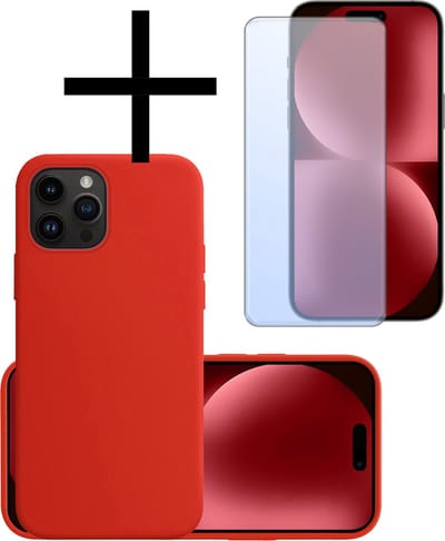 Hoesje - Met Screenprotector - Geschikt voor Apple iPhone 15 Pro - Sterk & Shockproof - Back Cover - Siliconen Case - Telefoon Hoes - Rood