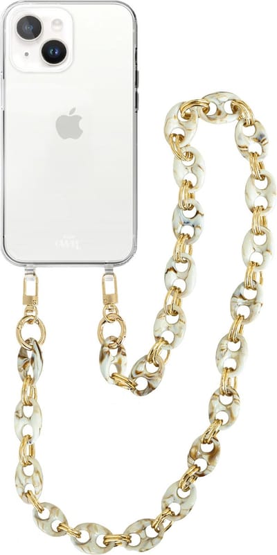 xoxo Wildhearts silicone case met koord - Transparant telefoonhoesje met koord - telefoonketting - Marble Creme - Lang koord - Cord Case - geschikt voor Apple iPhone 15 Plus hoesje - Ketting met marmere look - marmer - creme / beige