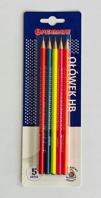 Penmate Driehoekige Potloden HB, 5 Stuks Blister, Mix Kleuren