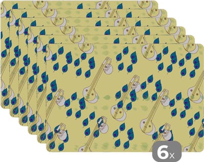 Placemat - Placemats kunststof - Instrumenten - India - Patroon - Bladeren - 45x30 cm - 6 stuks - Hittebestendig - Anti-Slip - Onderlegger - Afneembaar