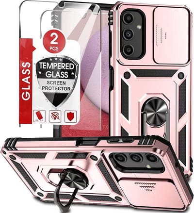 Hoesje Geschikt Voor Samsung Galaxy A14 hoesje Rose Goud met Ring Houder en camera bescherming - Galaxy A14 Screenprotector - 2 stuks