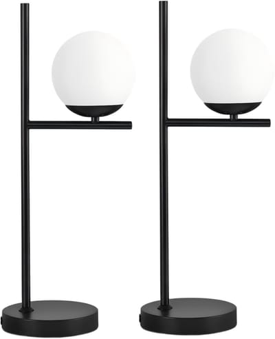 Glitzerlife - Tafellamp Tafellampen - 2 StuksNachtlamp Bedlamp - industrieel modern design - E27 fitting met schakelaar - metalen staaf met wit glazen kap - Ø22cm - Matzwart