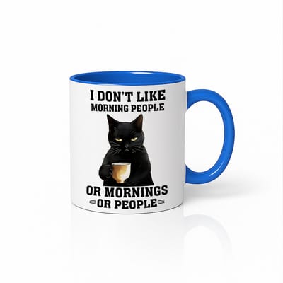 Grappige Kat “I Don’t Like Morning People” Wit-Blauwe Mok – Chagrijnige Kat Koffiequote – 330 ml Koffiebeker