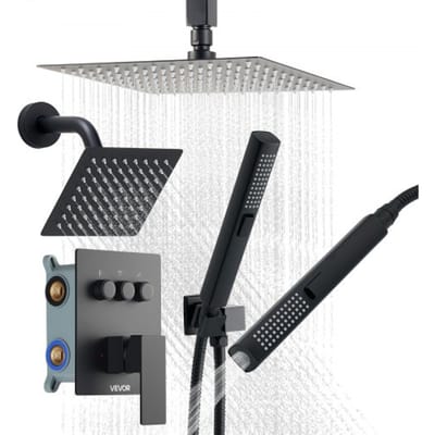 VEVOR Douchesysteemset inclusief 10-inch regendouchesysteem / 6-inch wandgemonteerde kop / 2-in-1 handdouche, draaibare dubbele regenkop (3 functies), messing klep en afdekkingsset, matzwart