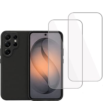 Technow hoesje + 2x Screenprotector geschikt voor Samsung Galaxy S26 Ultra – Tempered Glass - Liquid Back Case - Cover - Zwart