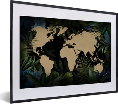 Poster in lijst - Fotolijst 60x40 cm - Posters - Wereldkaart - Zwart - Bladeren - Posterlijst zwart - Decoratie - Wanddecoratie woonkamer - Muurdecoratie slaapkamer