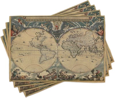 ABAKUHAUS Vintage placemats, Oude Kaartwereld, Wasbare Stof Eetkamerkeukentafeldecoratie Digitale Print, Bruin Beige