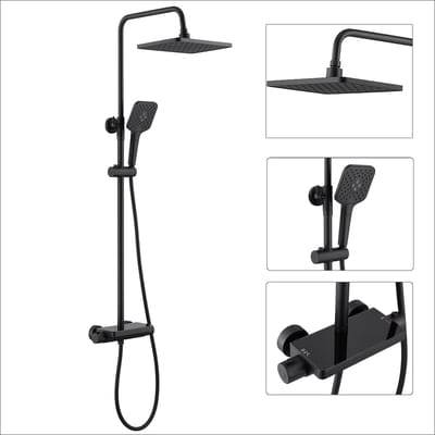 Auralum Max Regendouche met Thermostaatkraan - 38°C thermostatische - met planchet Doucheset - 30x19 cm Douchekop - Verstelbare Hoogte 88-125 cm - Waterbesparend - Zwart