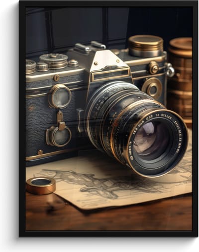Poster in lijst - Fotolijst 60x80 cm - Posters - Vintage - Fototoestel - Camera - Papier - Oud - Posterlijst zwart - Decoratie - Wanddecoratie woonkamer - Muurdecoratie slaapkamer