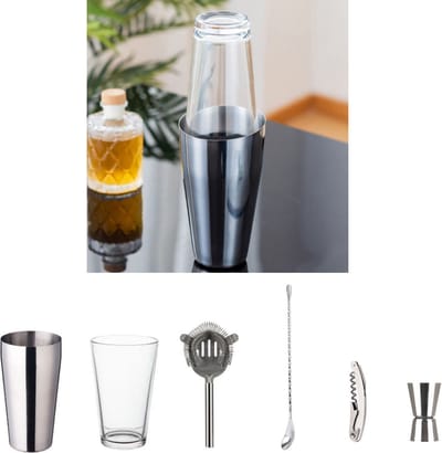 PRO Cocktail Shaker Set 6-delig - Rvs Barset met Glas en Shaker - Maatbeker - Stamper Zeef - Mixer - Flessenopener - Cocktailshaker