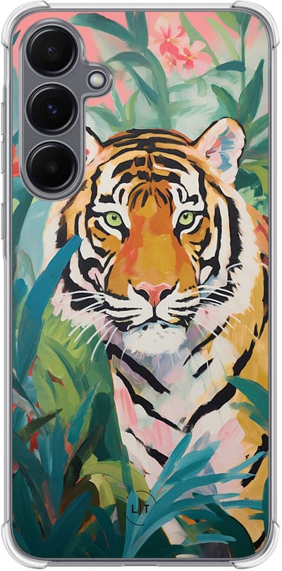 Shockproof hoesje - Geschikt voor Samsung Galaxy A35 - Tijger in de jungle - Extra sterke case - TPU/polycarbonaat - Print / Illustratie - Multi, Transparant