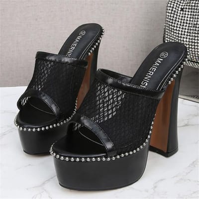 Dames Zomer Blokhak 14cm Hoge Hakken 4cm Plateau Slippers Peep Toe Mesh Mules Dame Klinknagels Slippers Extreme Hakken Mode Schoenen 42 zwart